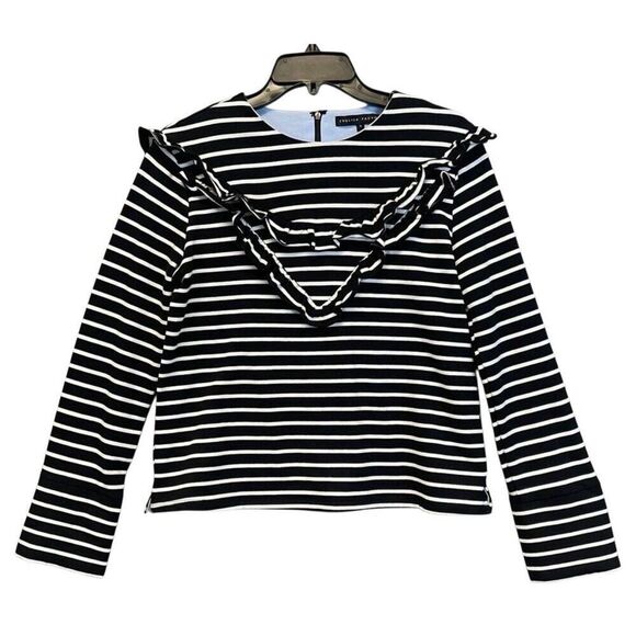 ENGLISH FACTORY Top Women's Small Black White Striped Ruffled Trim Long Sleeve - Picture 13 of 13